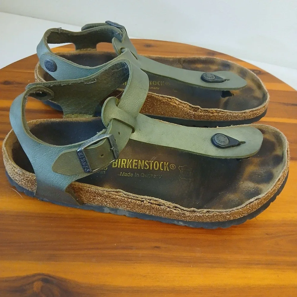 Birkenstock Kairo Sandals Womens 38 Green Leather Ankle Strap Thong Cork